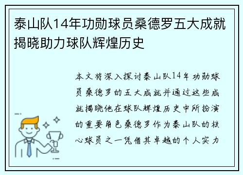 泰山队14年功勋球员桑德罗五大成就揭晓助力球队辉煌历史