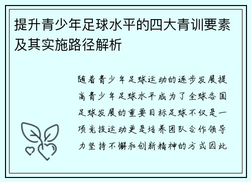 提升青少年足球水平的四大青训要素及其实施路径解析